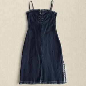 90s Y2K Denim Dress sz S w Fringe Side Slit Sleeveless Dark Wash Boho Chic